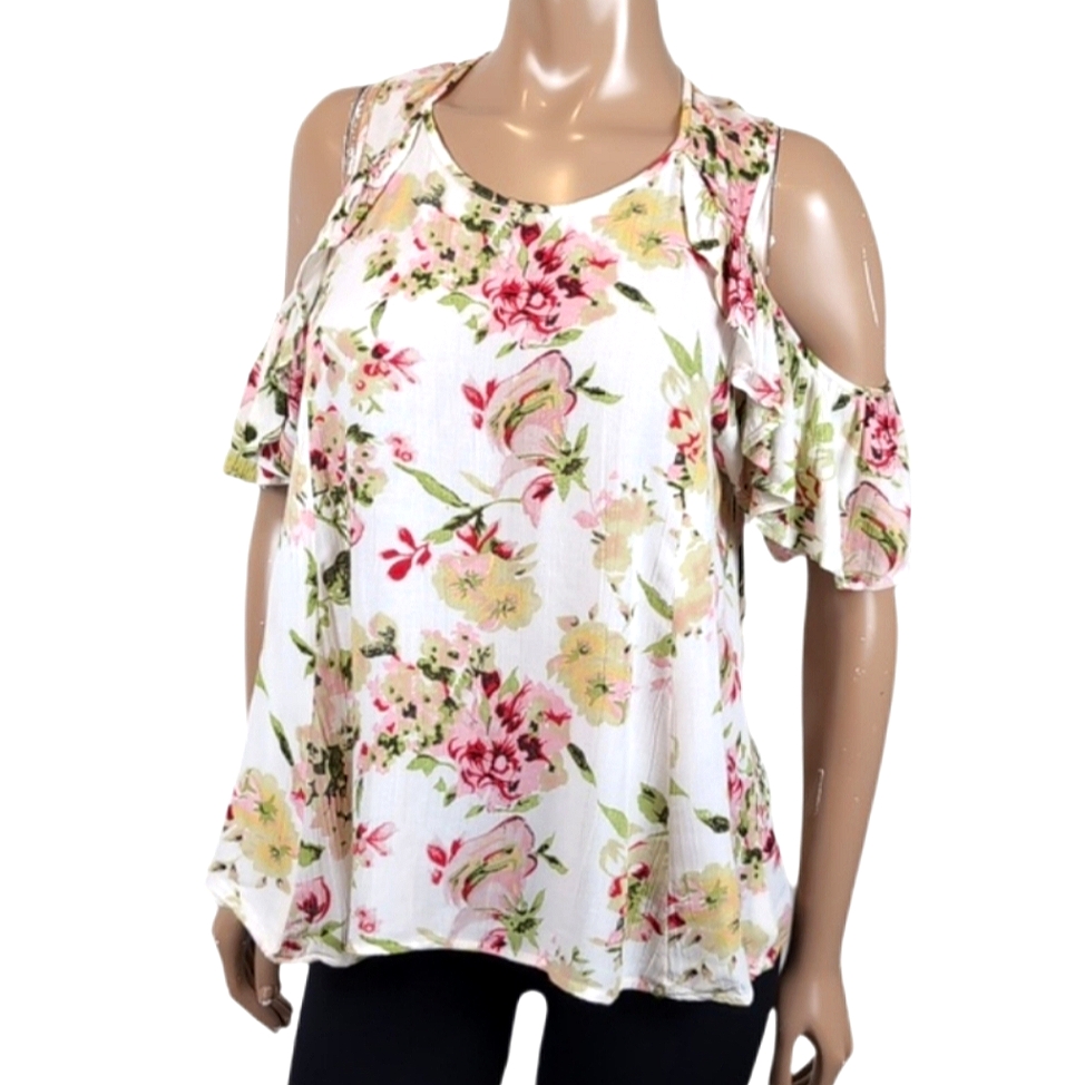 Angie Floral Ruffled Cutout Blouse Cold Shoulder Swing Top Womens Small Pink